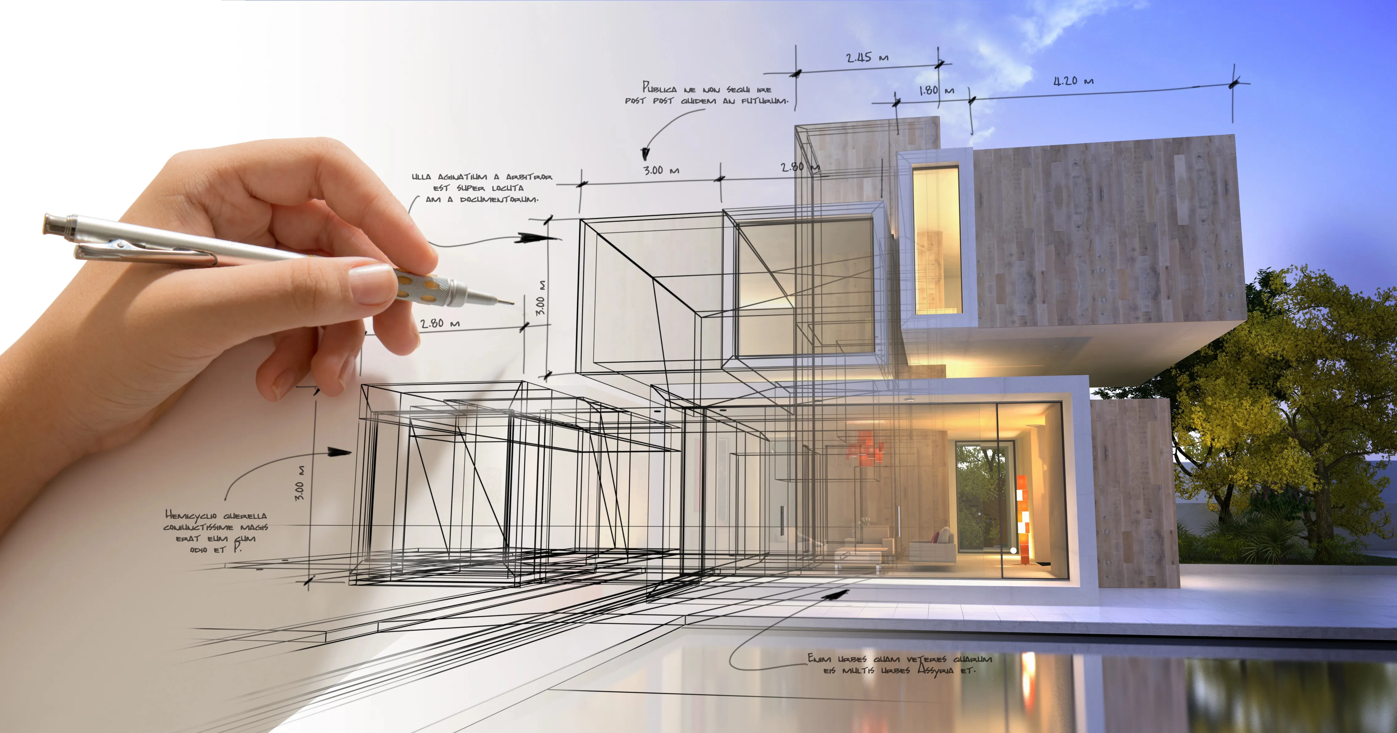 Architectural plan resolving into a finished home